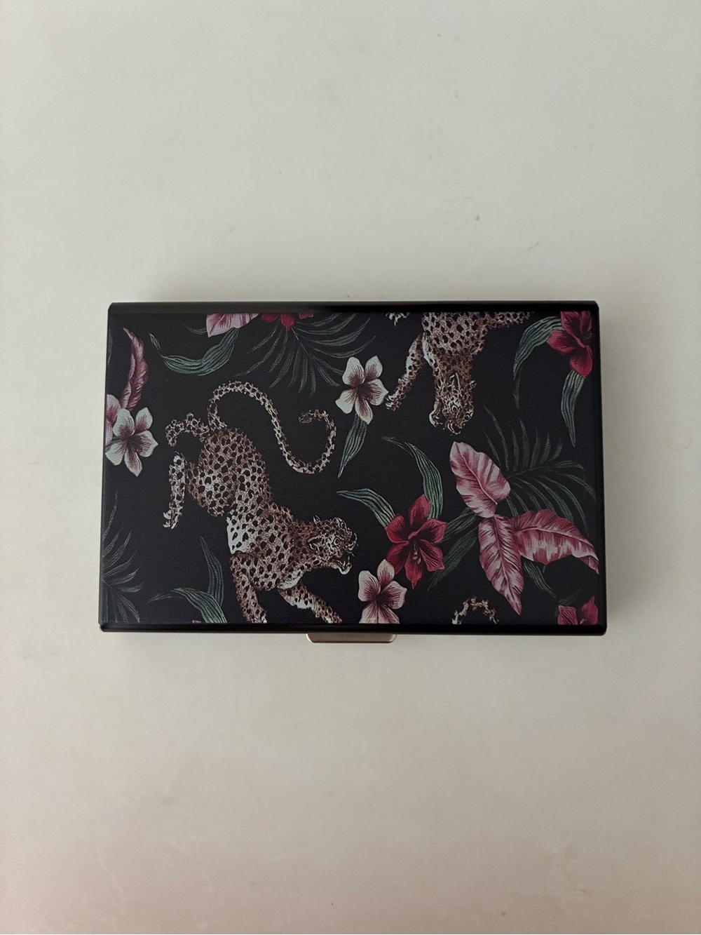 Floral Leopard Card Case - Black with Pink Accents